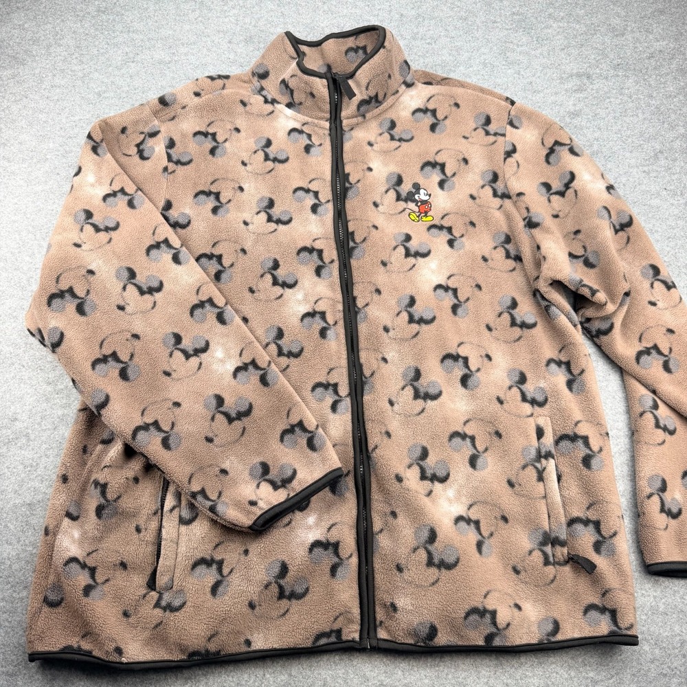 Disney Mickey Mouse Fleece Jacket XXL All Over Print Full Zip Tan Black